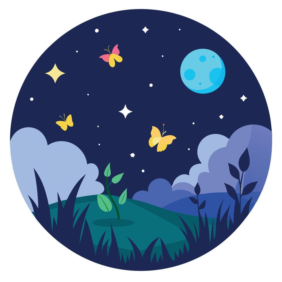 Night sky with stars and butterflies illustration vector