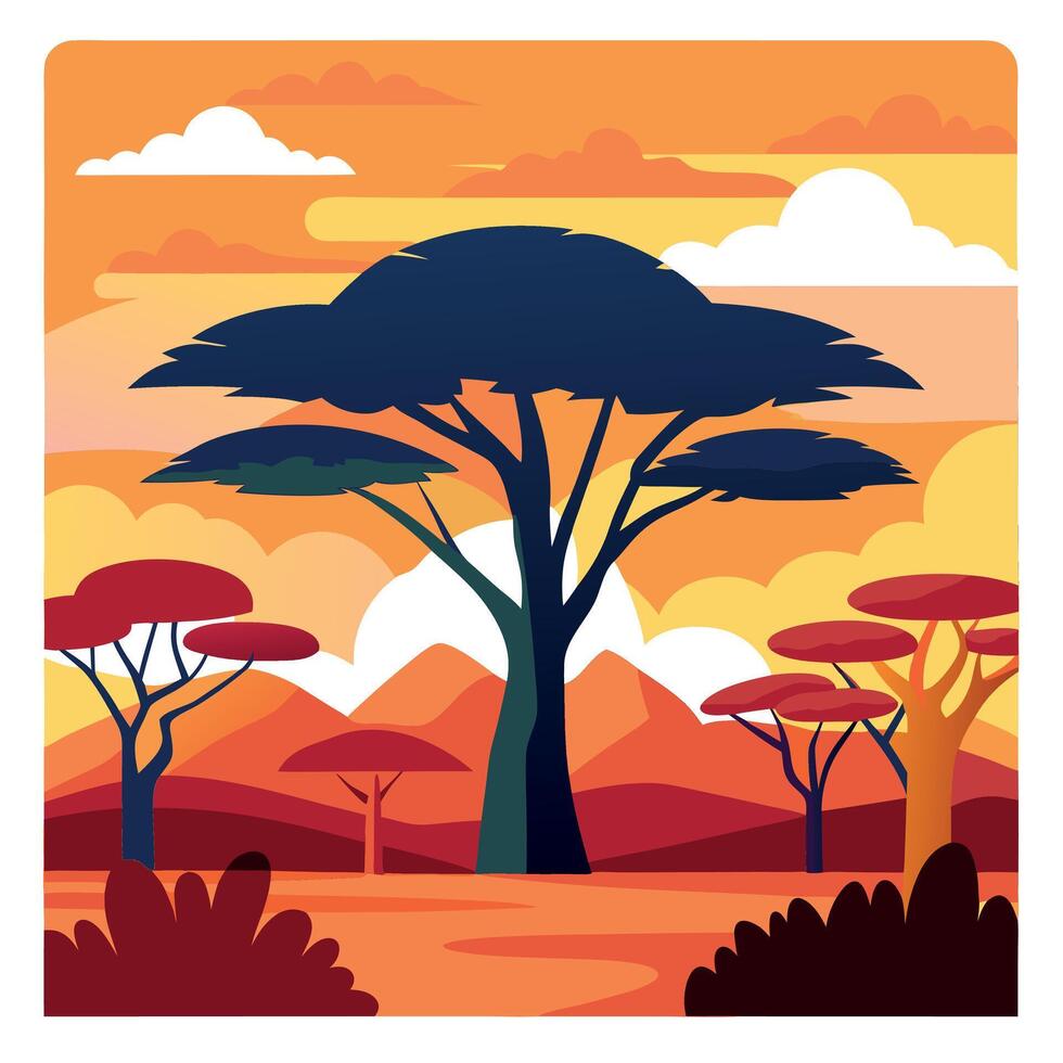 illustration of african landscape with trees and mountains vector