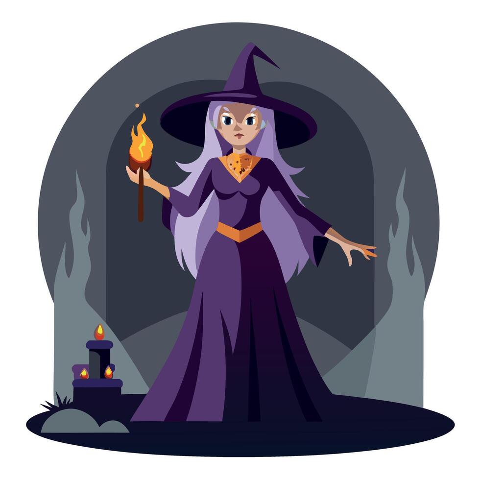 A cartoon witch holding a burning torch vector