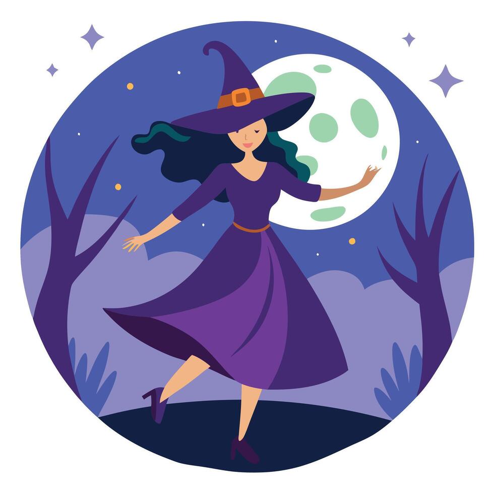 A cartoon witch in a purple dress and hat is standing in front of the moon vector