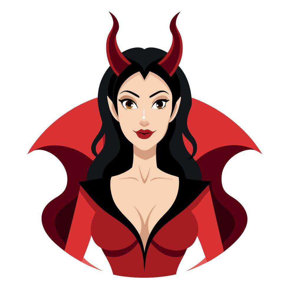 A cartoon devil woman with horns and red dress vector