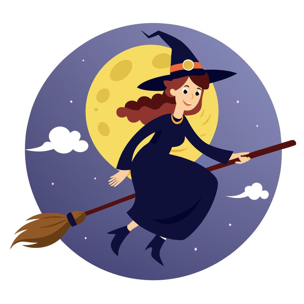 A cartoon witch flying on a broom with the moon in the background vector