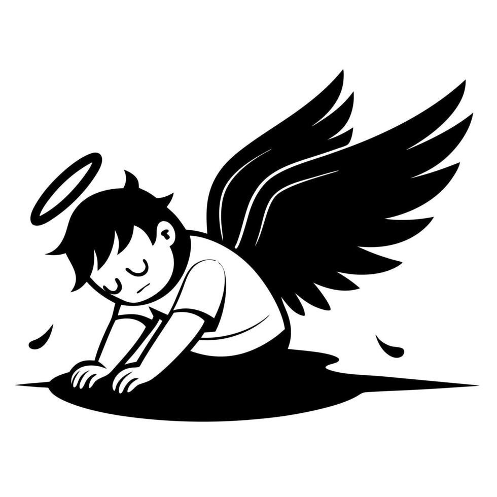 A black and white illustration of a boy with angel wings vector