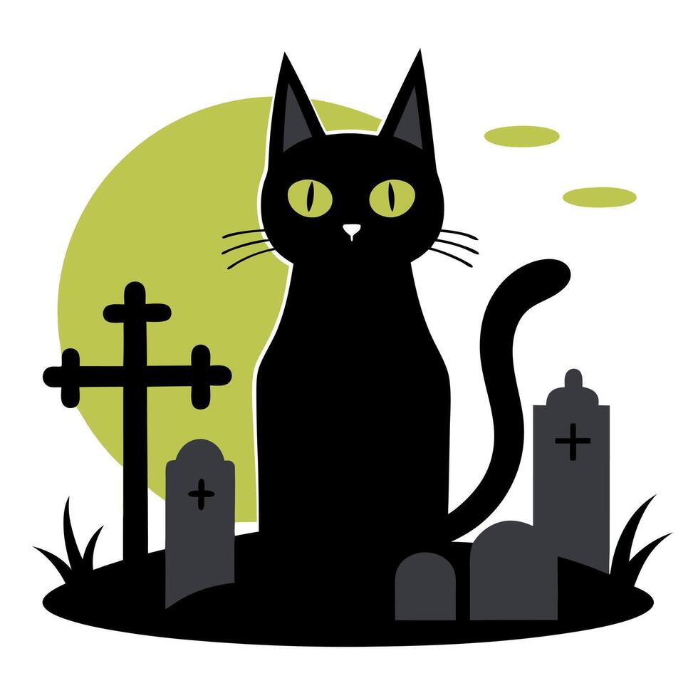 A black cat sits in a graveyard with crosses and tombstones vector