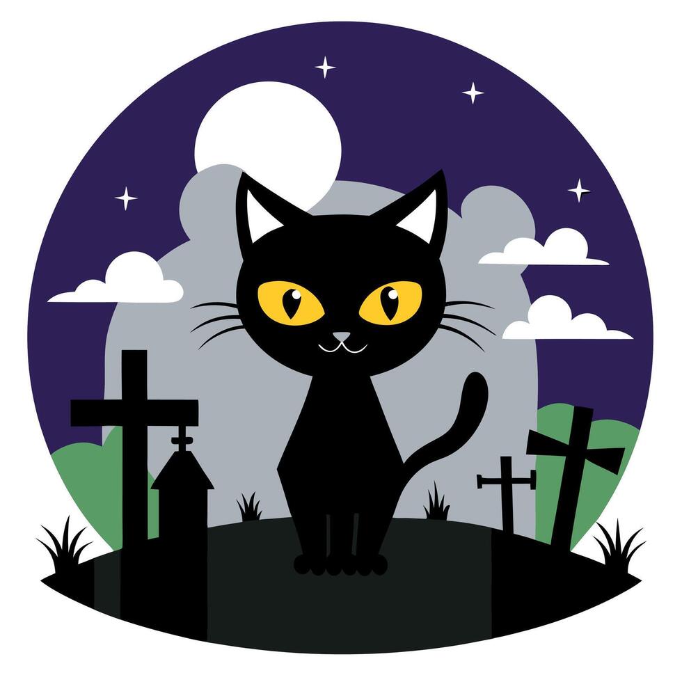 A black cat is standing in front of a graveyard with crosses vector