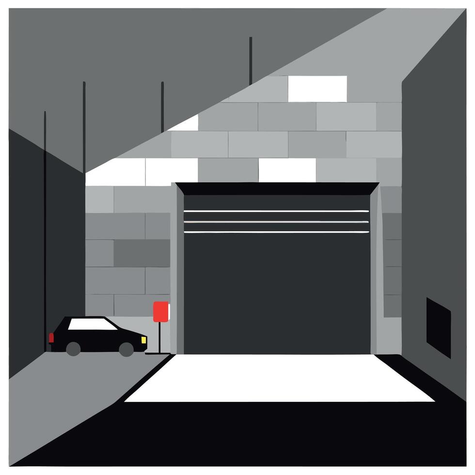 An illustration of a garage with a car parked in front vector