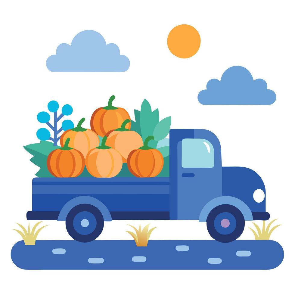 A truck filled with pumpkins on the side of the road vector