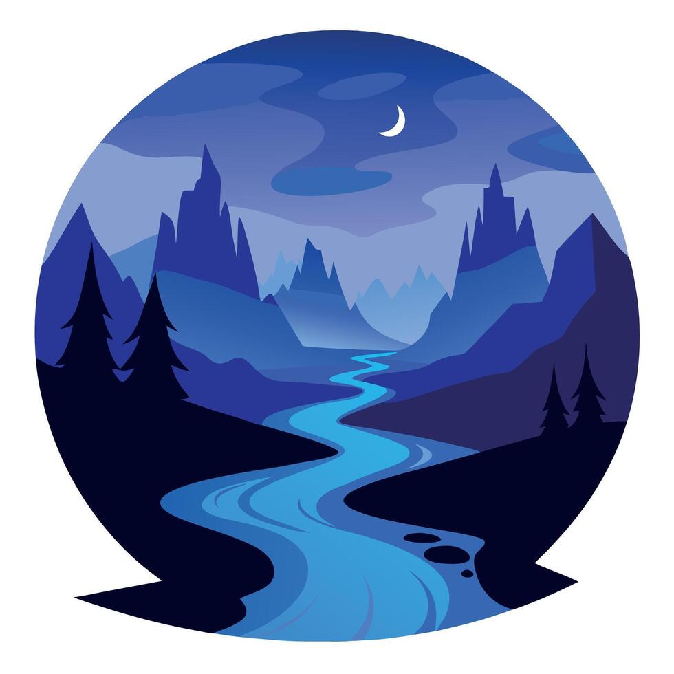 A river running through the mountains at night vector