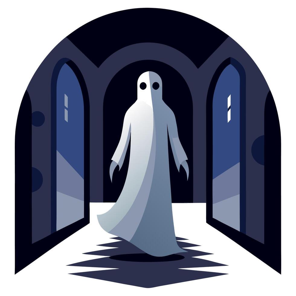 A ghost in a white robe standing in front of a door vector