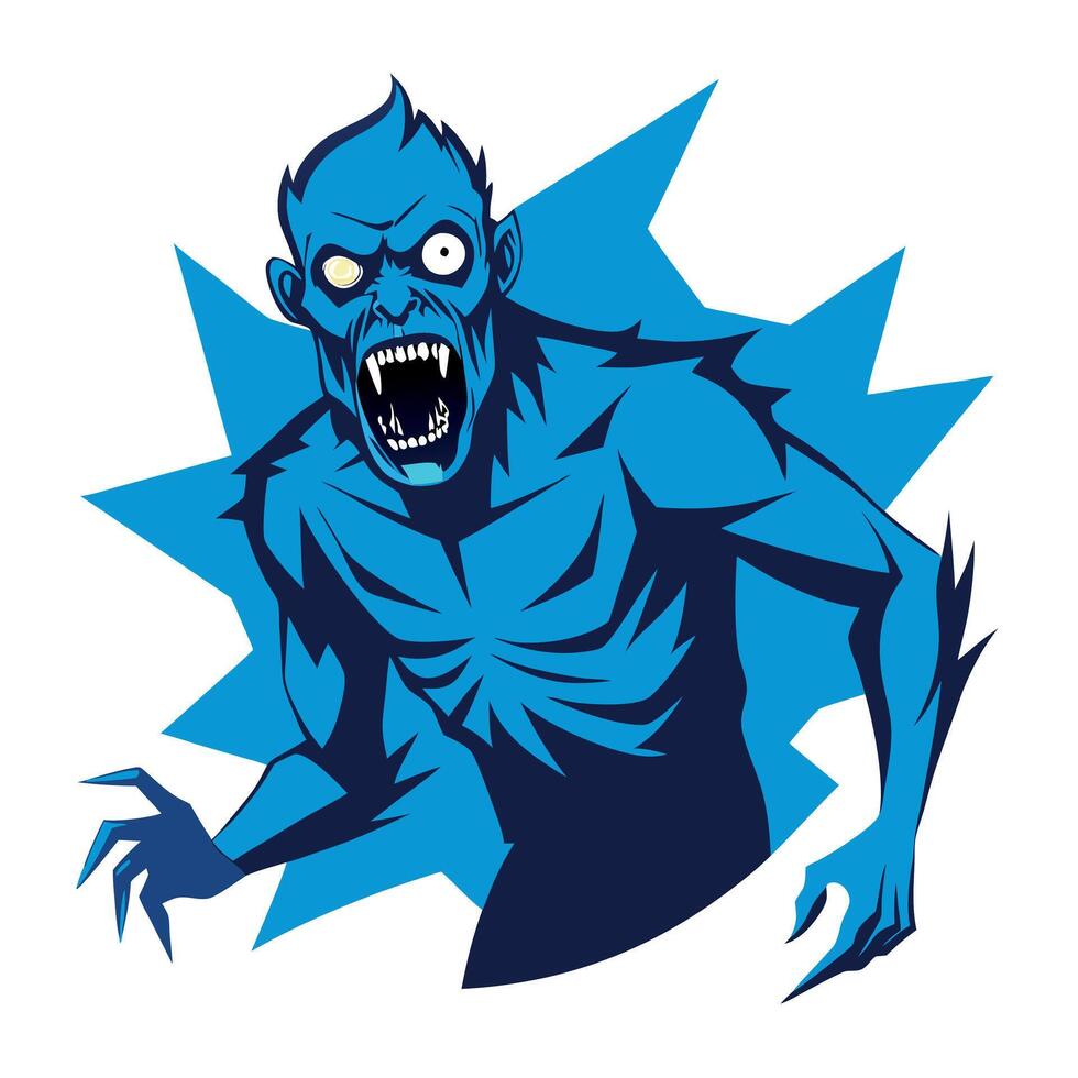 A blue zombie with fangs and a big mouth vector