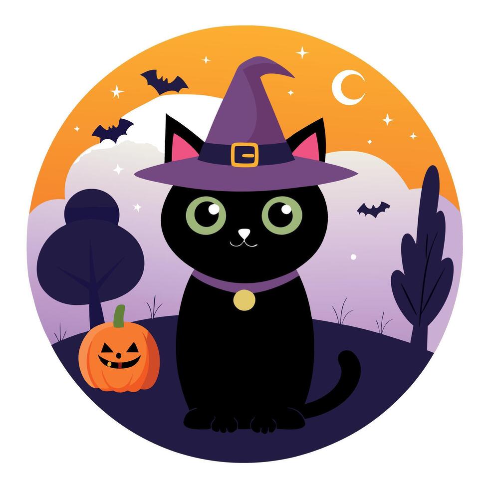 A black cat wearing a witch hat and a pumpkin vector