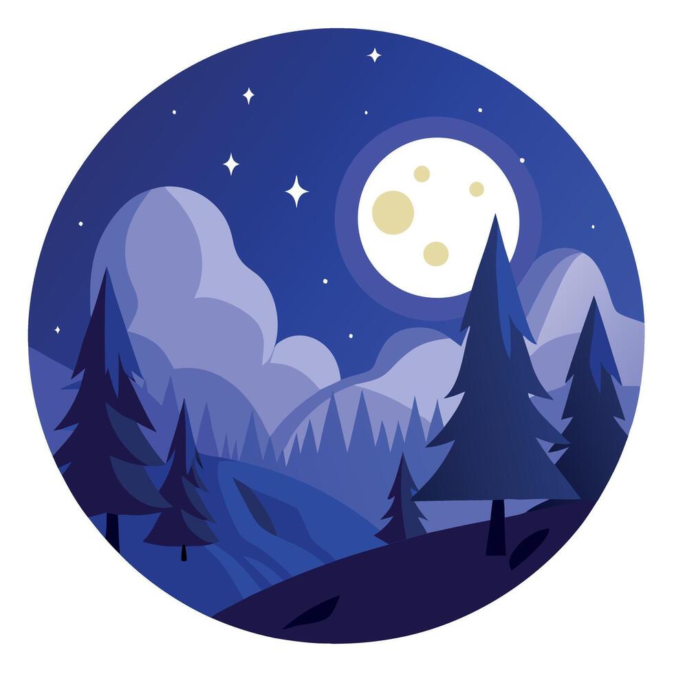 Night forest landscape with moon and stars illustration vector