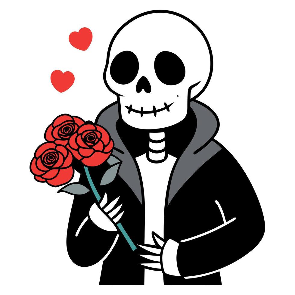 A cartoon skeleton holding a rose vector