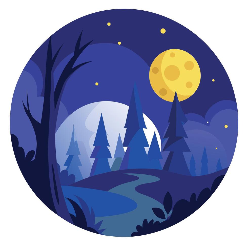 Night forest landscape with moon and stars illustration vector