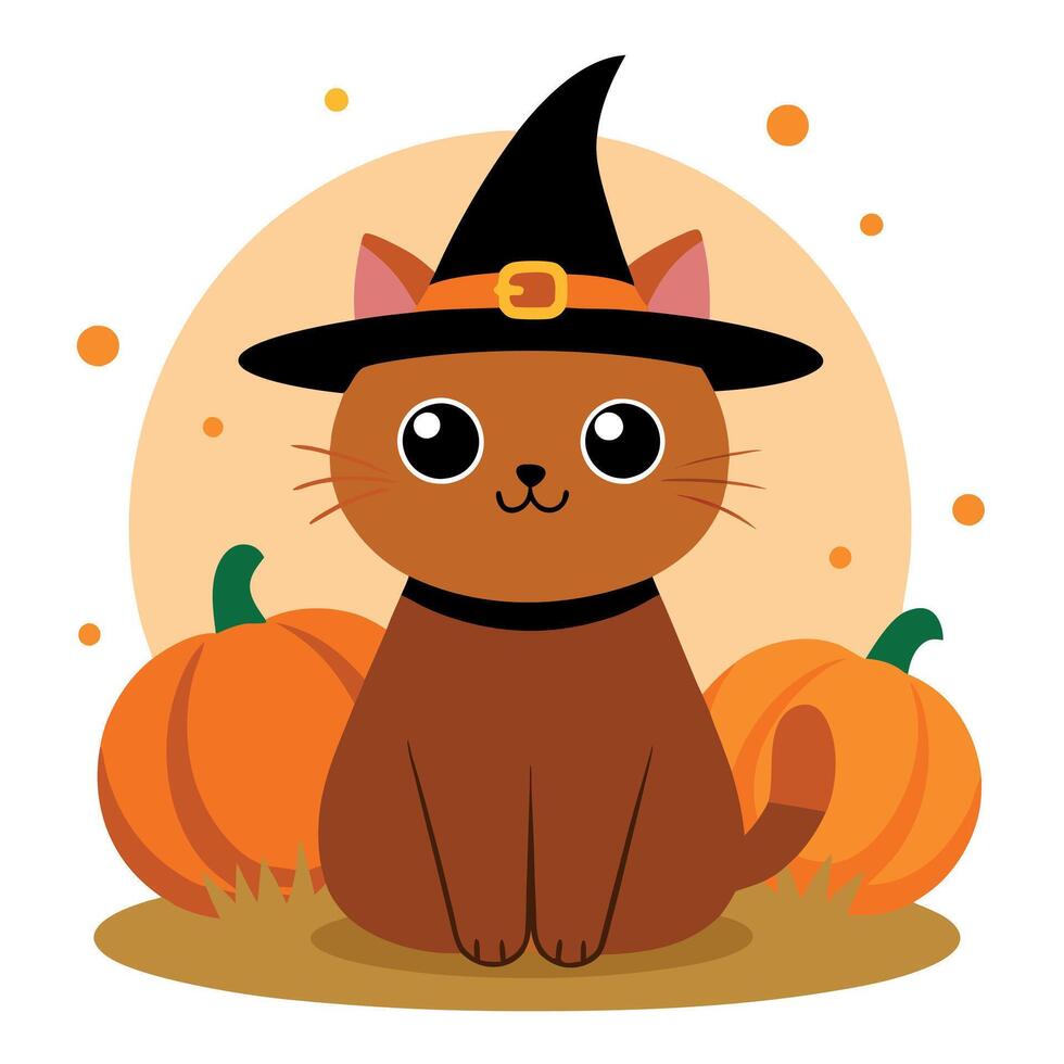 A cute cat wearing a witch hat and pumpkin vector