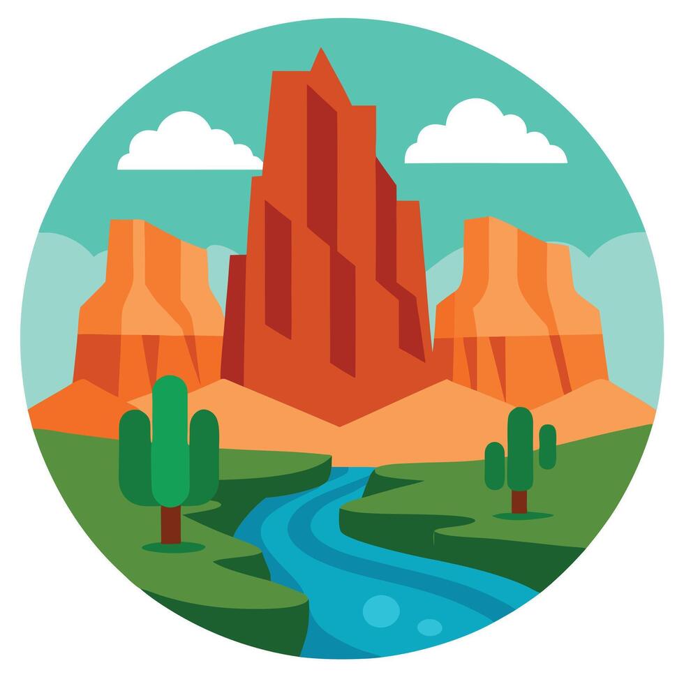A flat design of a river and mountains vector