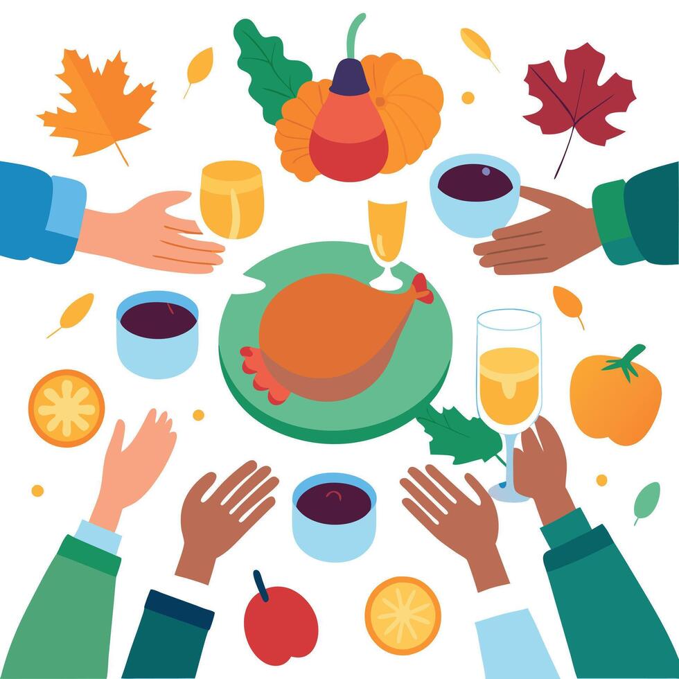 Thanksgiving dinner with hands and food vector