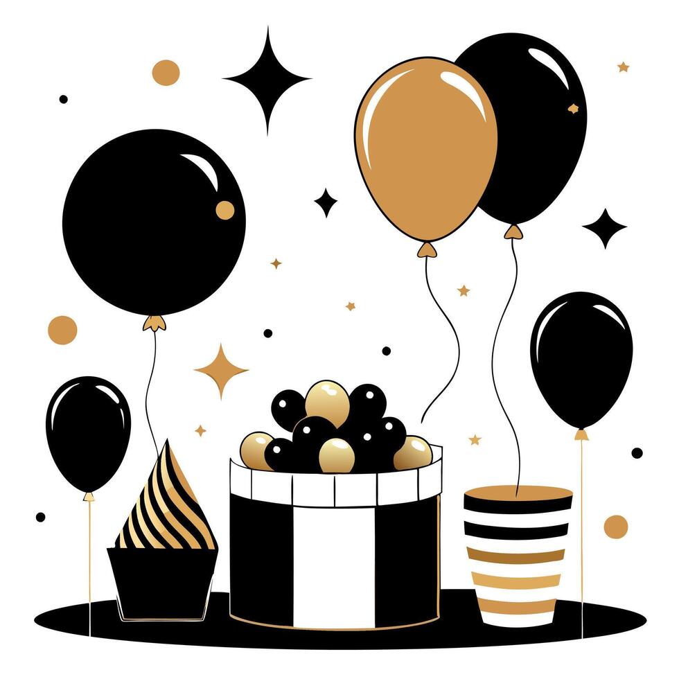 Black and gold balloons and cupcakes with stars vector