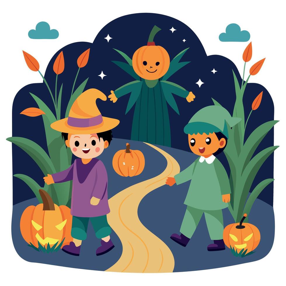 Halloween kids in costumes walking on a path with pumpkins and a scarecrow vector