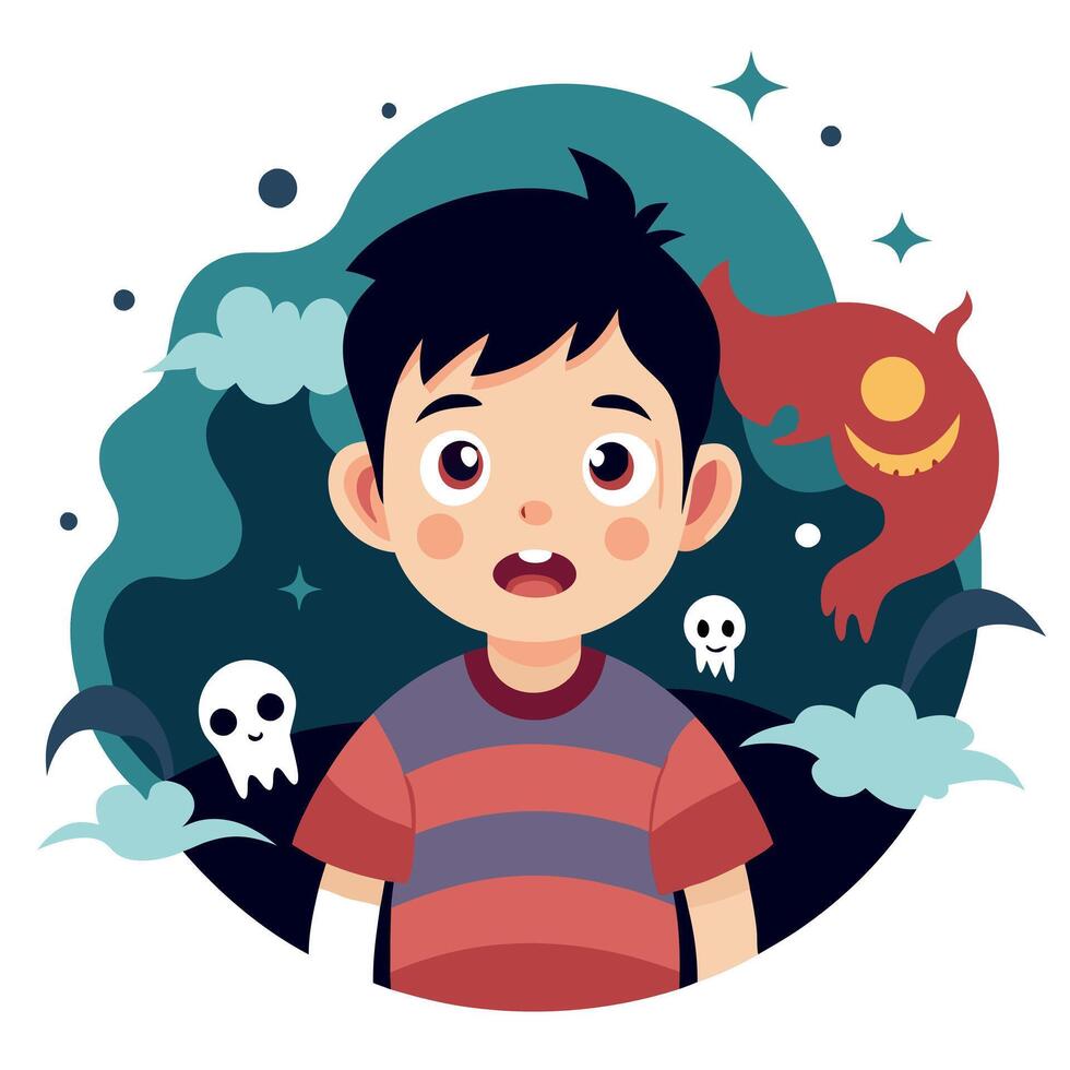A boy is standing in front of a scary monster vector