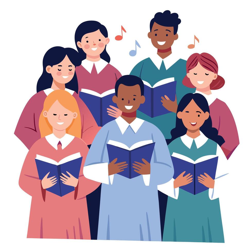 A group of people singing together with music notes vector