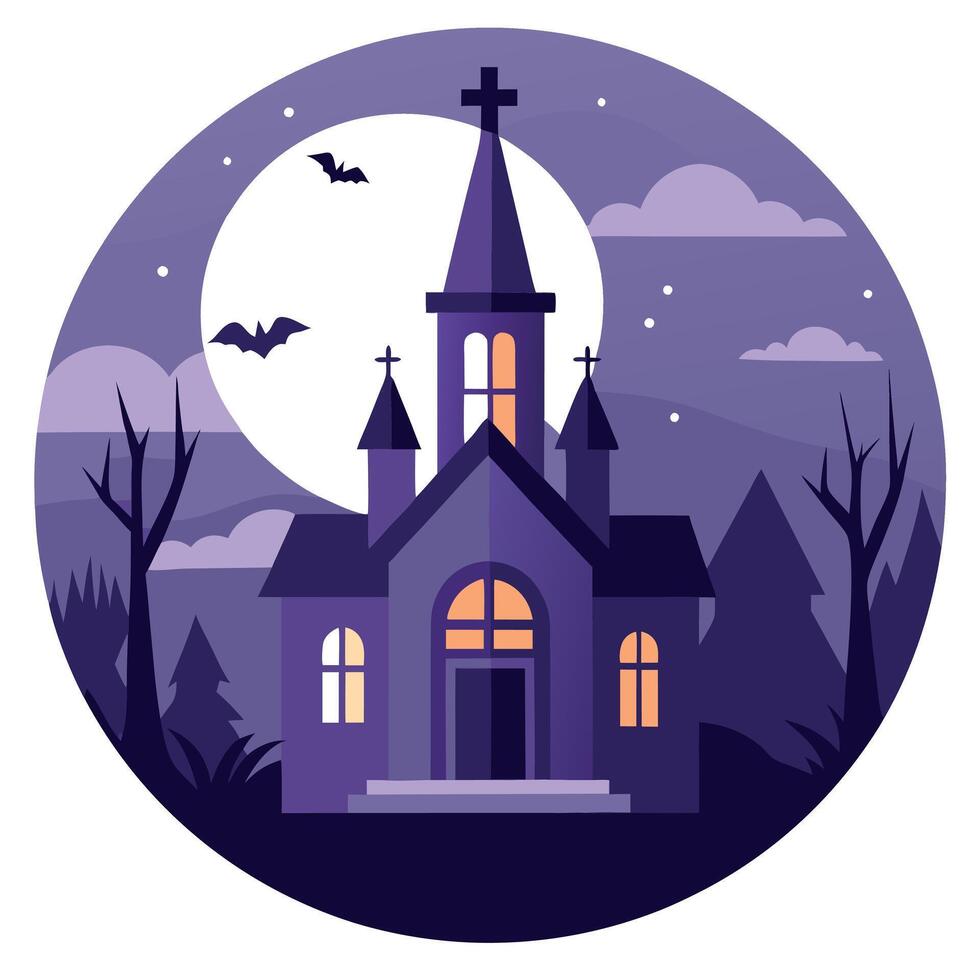 Halloween church with bats and moon illustration vector