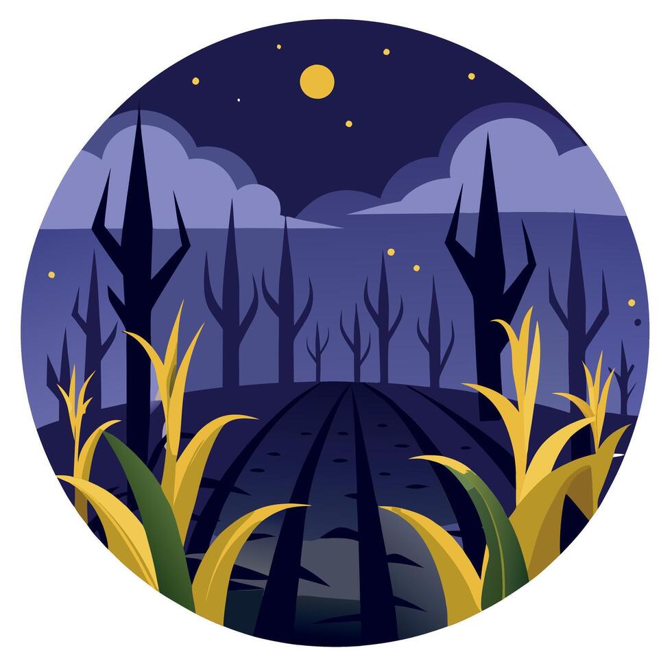 A night scene with corn and trees vector