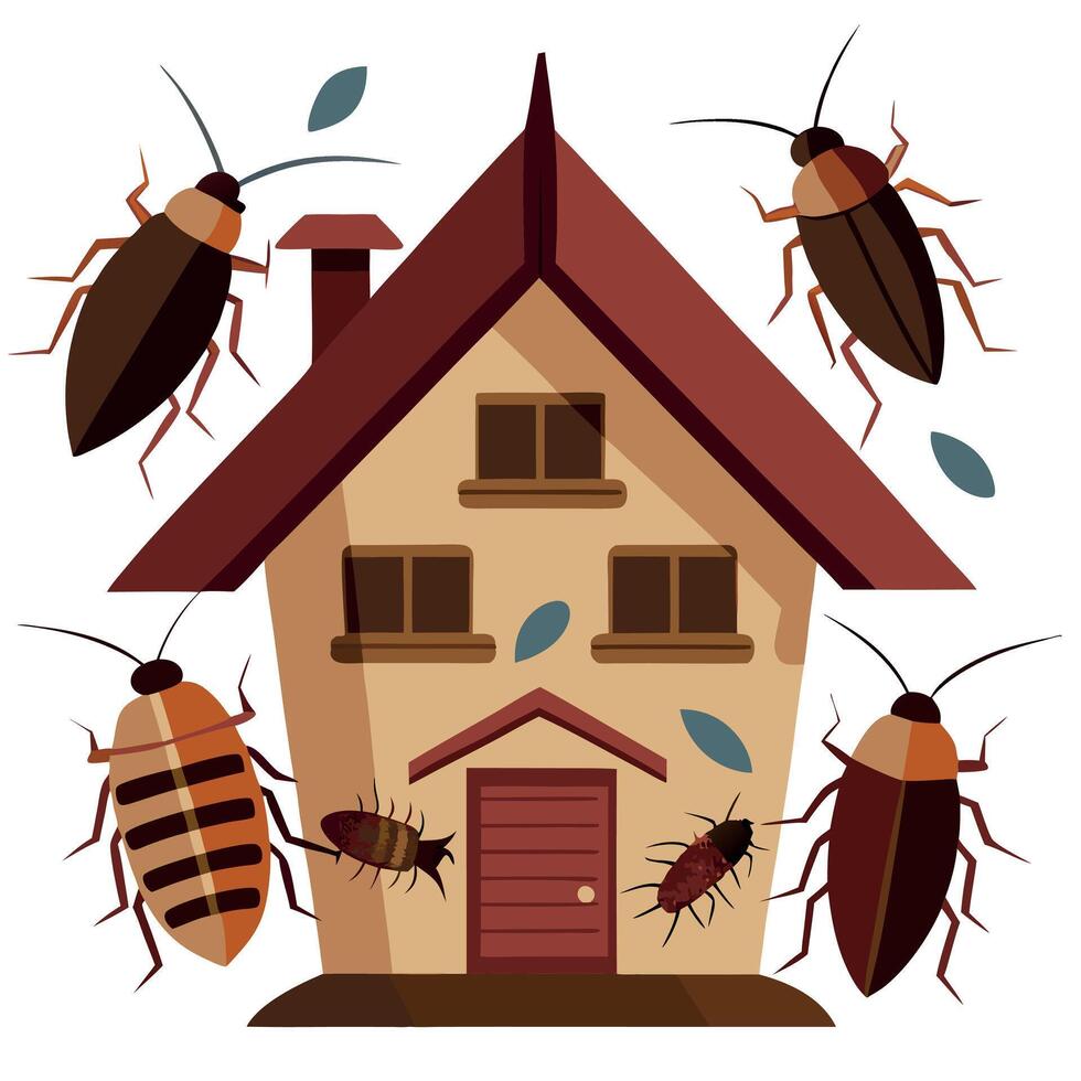 Cockroaches and house with bugs illustration vector
