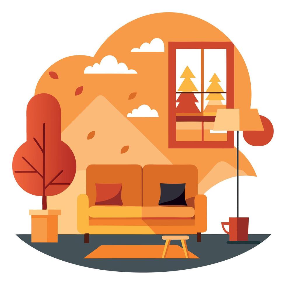Autumn living room with sofa, lamp, tree and window vector