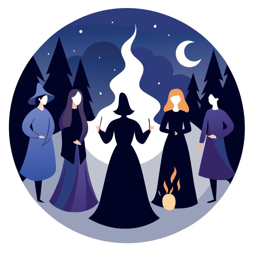 Three witches are standing in front of a campfire vector