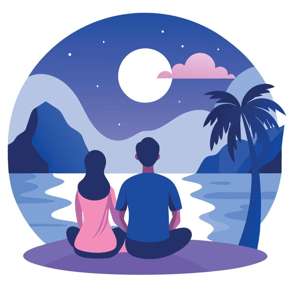 Couple sitting on the beach at night with a mountain in the background vector