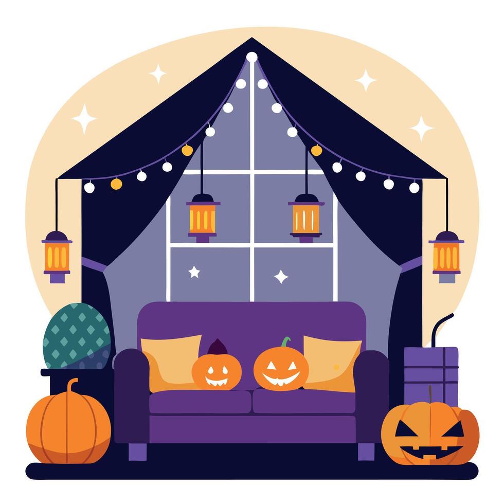 Halloween decoration with a couch, pumpkins and lanterns vector
