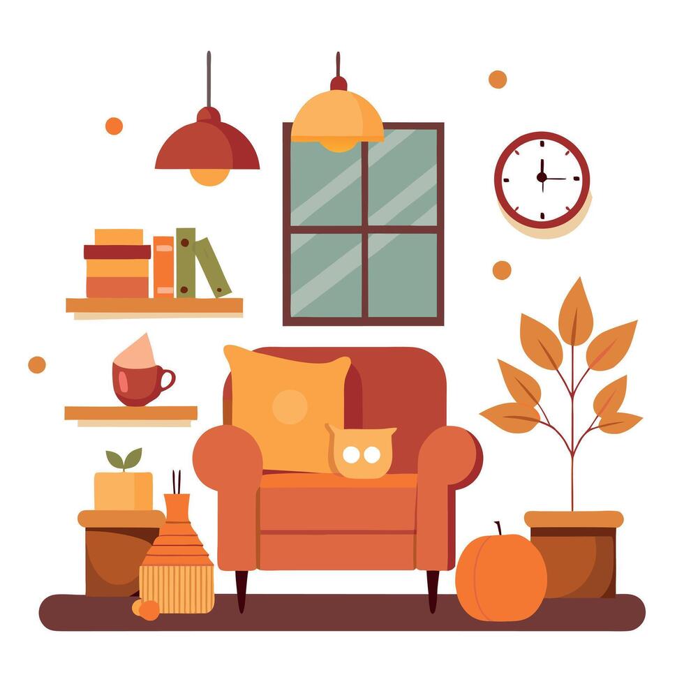 Autumn living room with orange sofa, clock, bookshelf and plants vector