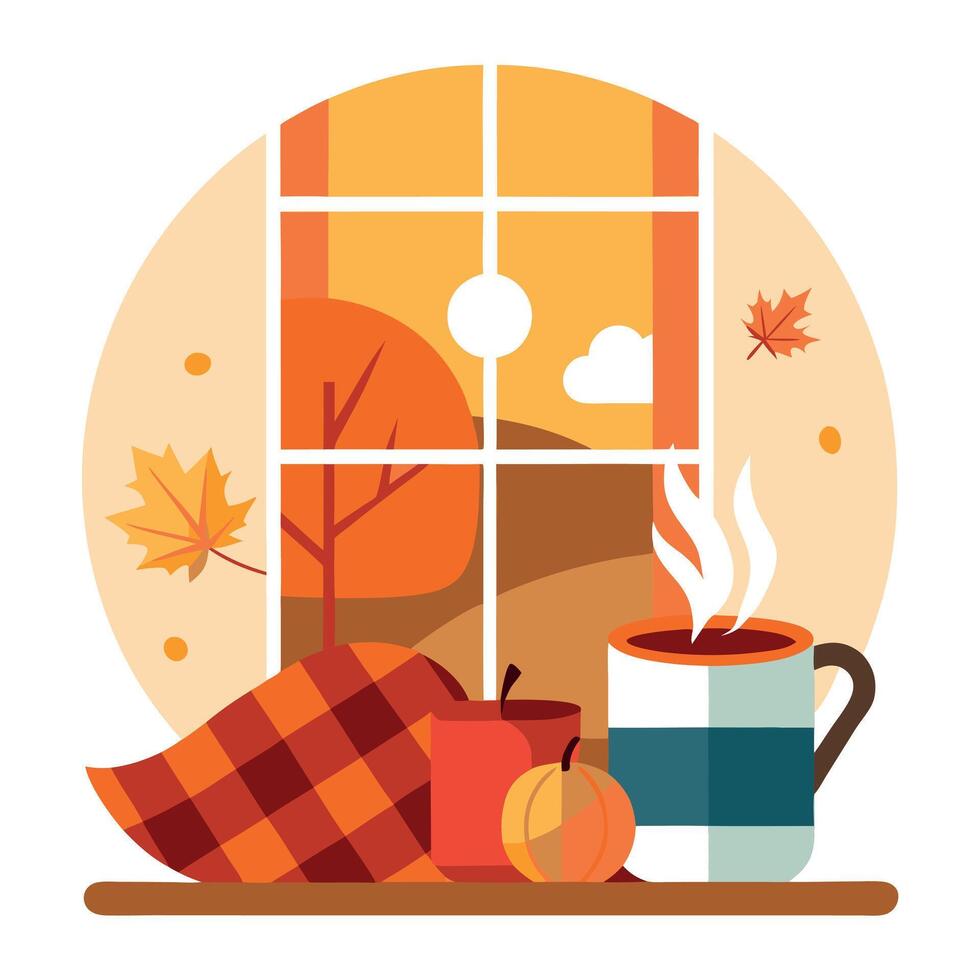 Autumn scene with autumn leaves, coffee cup, autumn leaves, autumn leaves, autumn leaves, vector