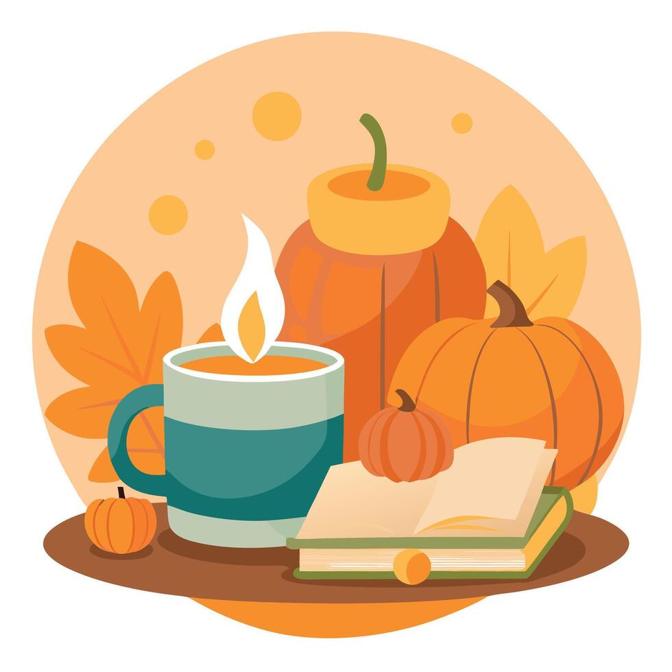 A cup of coffee, a book and pumpkins are on a table vector