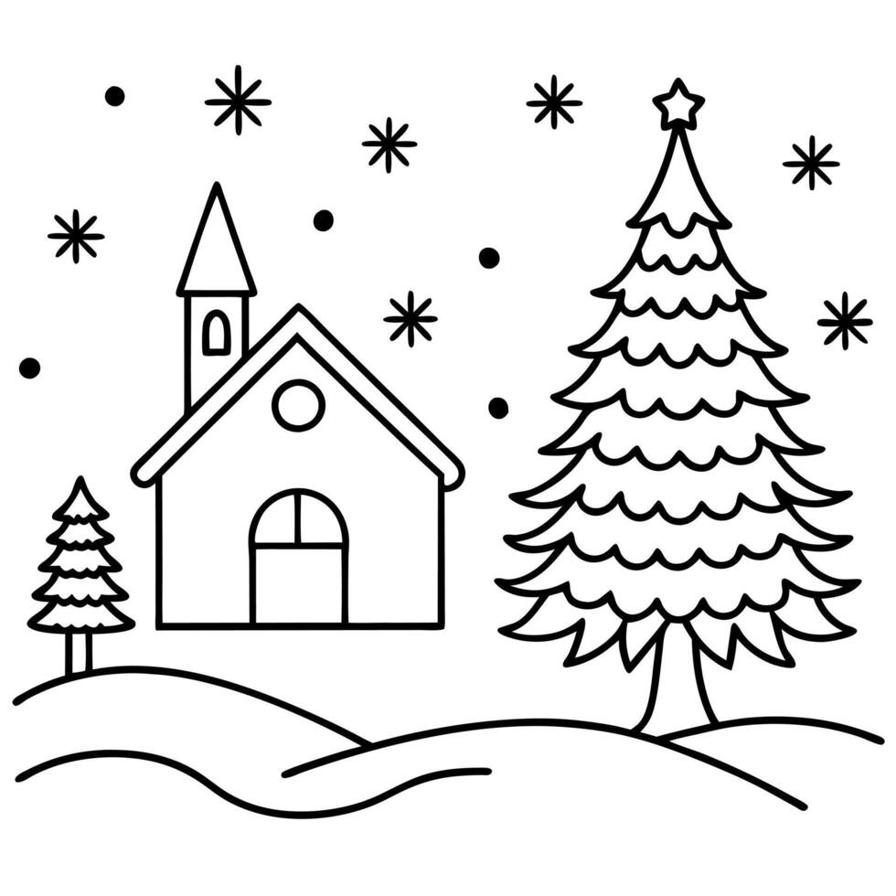 Abstract minimal winter Christmas background with Christmas tree. village house. vector