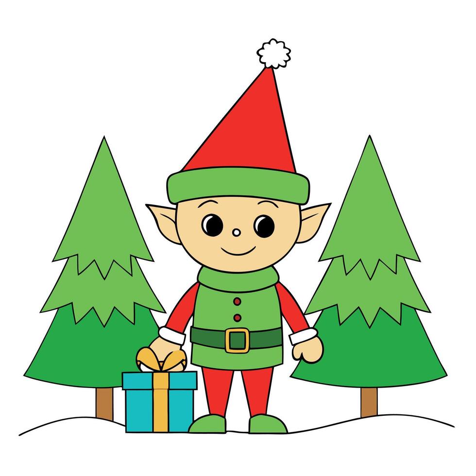 An adorable elf with Christmas gifts and merry christmas background with pine trees. vector