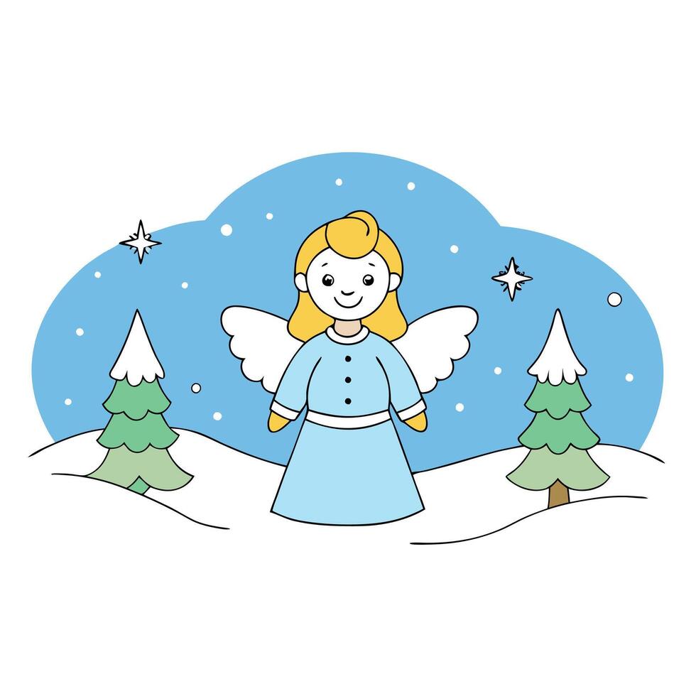 An enchanting scene starring a lovely angel in a snowy winter landscape Christmas card vector