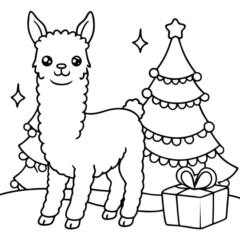 Baby llama with christmas presents on blurred bokeh tree lights background vector