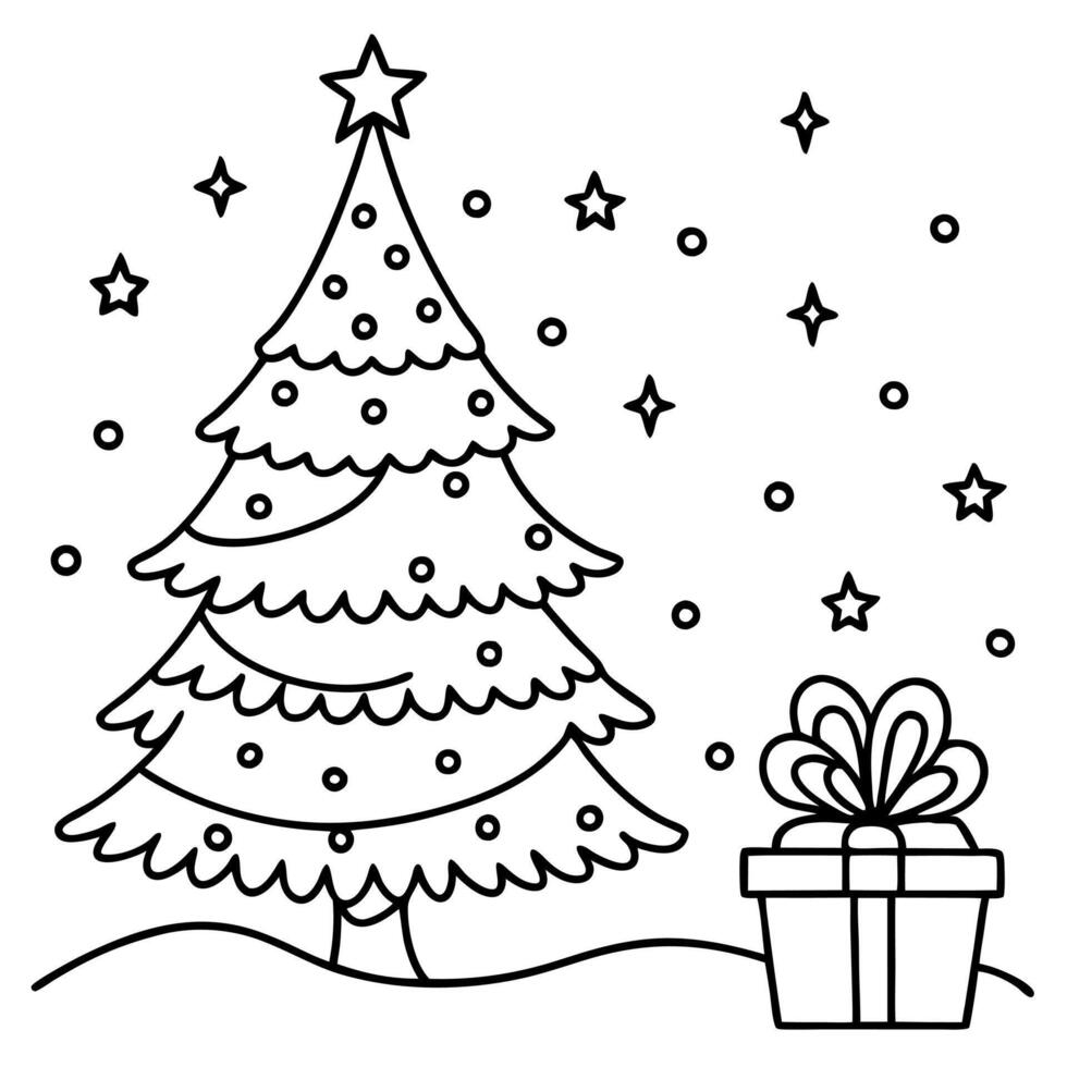 Background for a greeting card for Christmas and New Year with a small Christmas tree and a gift vector