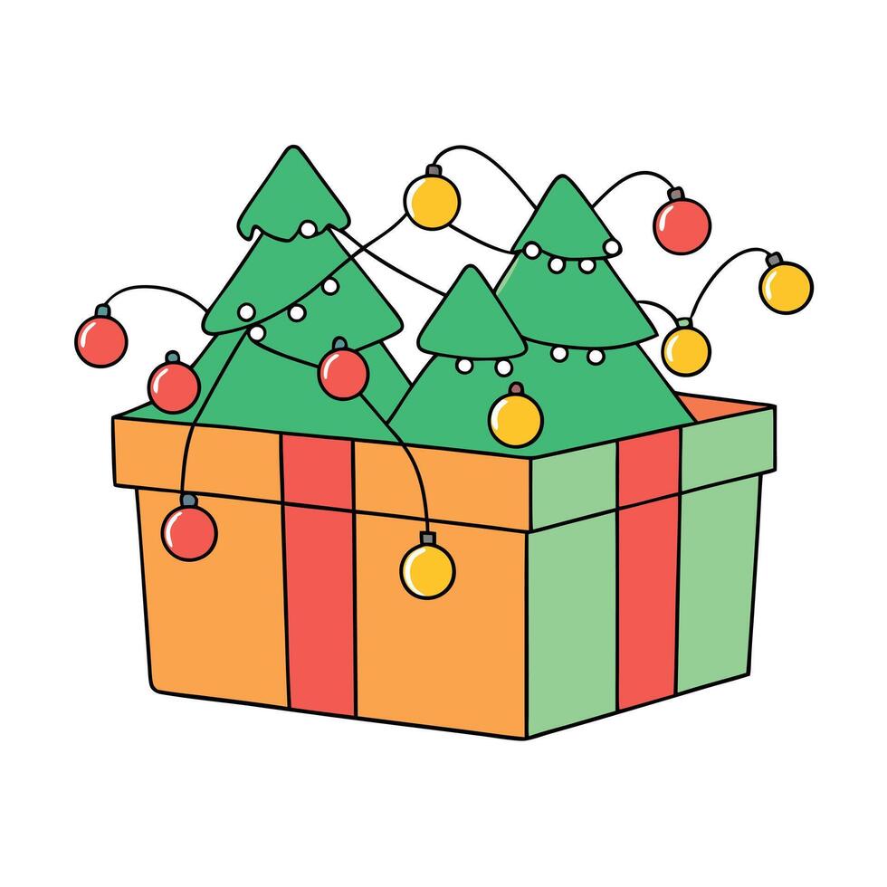 Background of Christmas tree lights and ornaments in a present box vector
