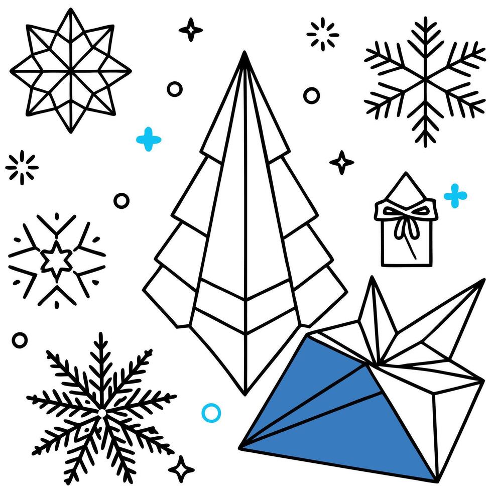 Background merry paper art blue origami christmas greeting winter tree snowflakes. vector