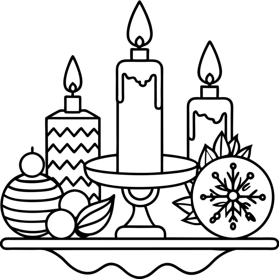 Background with christmas decoration ornaments and candles on table vector
