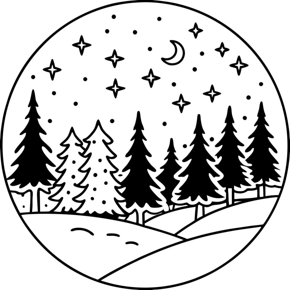 Background with snowy scenes and night sky. snow-covered trees. vector