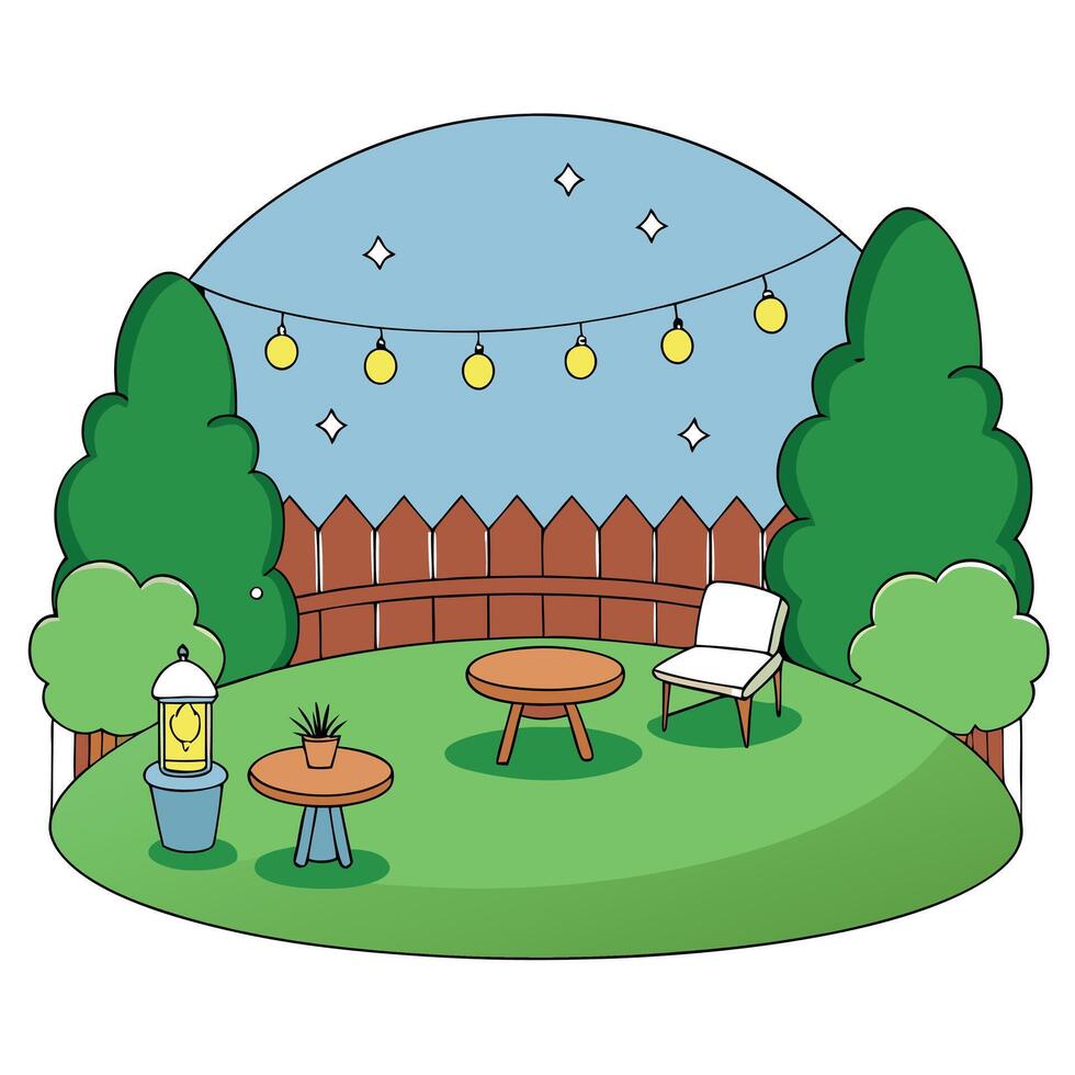 Beautiful backyard seat in green garden at night time with fairy lights. vector