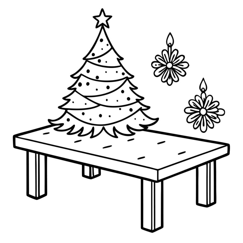 Beautiful christmas background with wood table ornaments and christmas tree with copy space vector