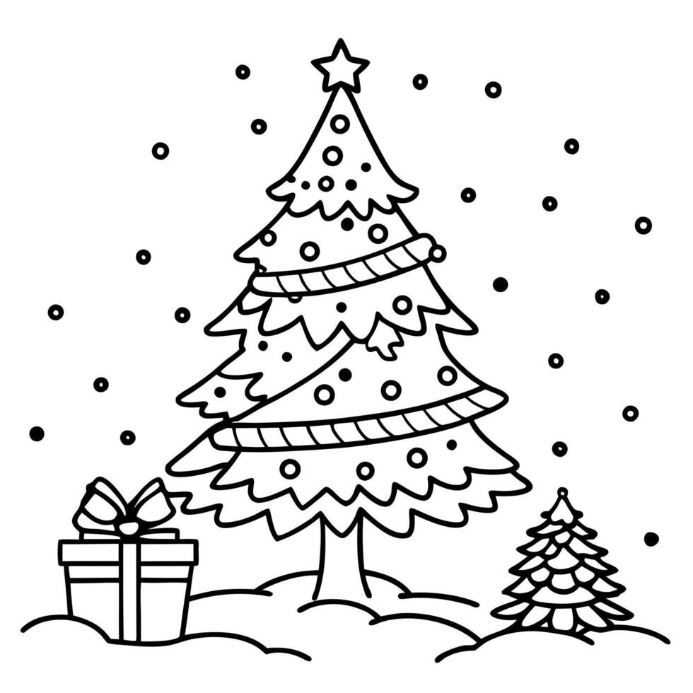 Beautiful christmas card with big christmas tree and presents in snow. night christmas background vector