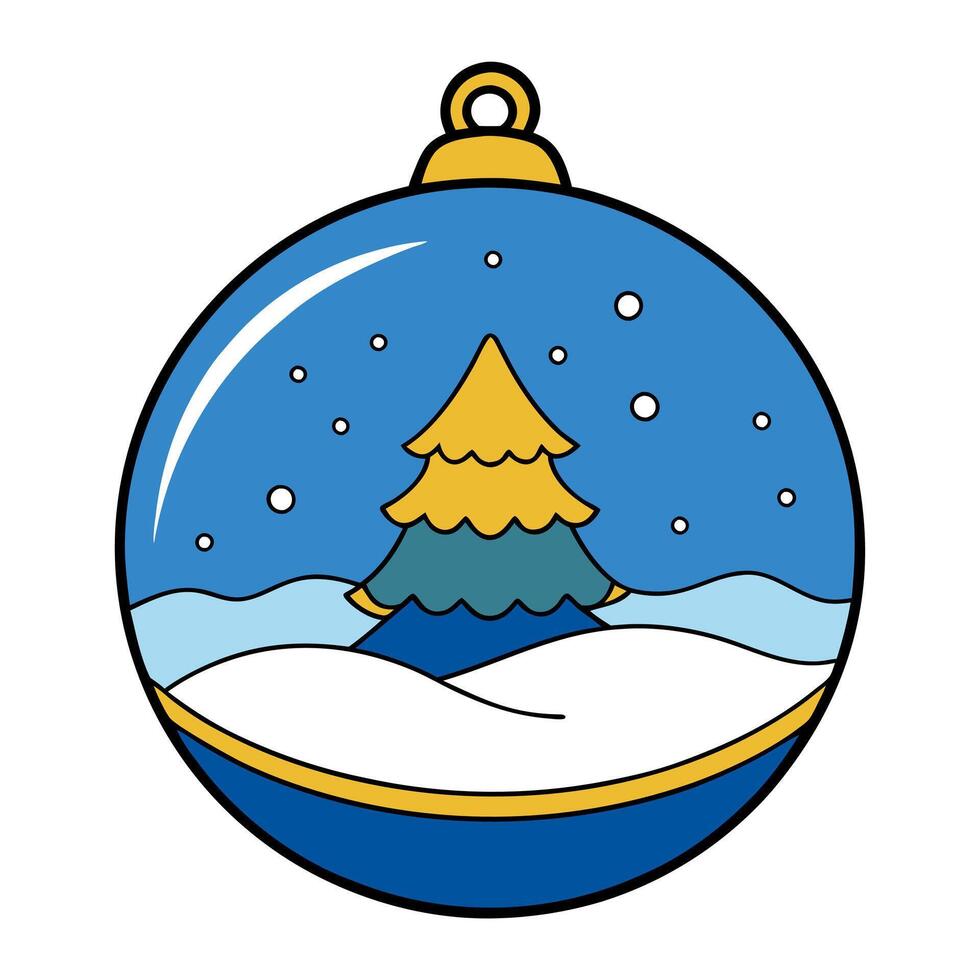 Beautiful christmas blue and gold background with snow xmas tree inside christmas ball bauble vector