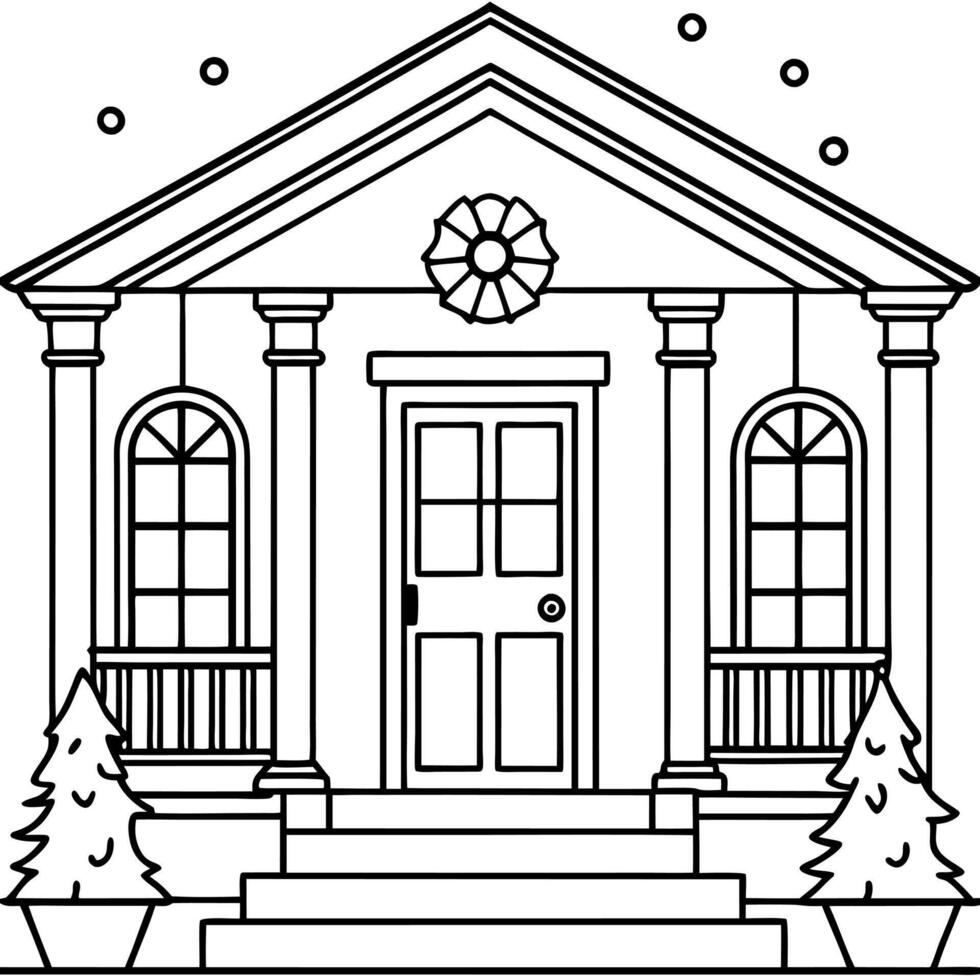 Beautiful Christmas Decorated Front Door and Porch of A House on A Winter Evening. vector