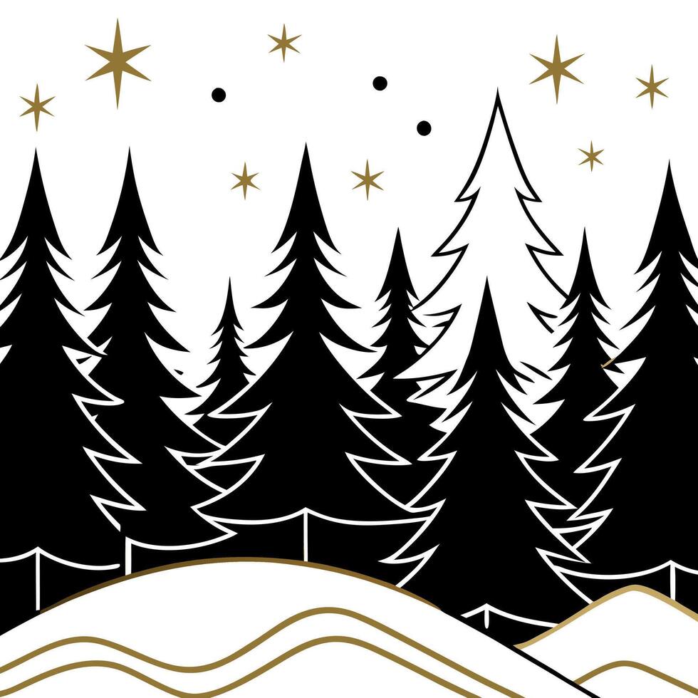 Beautiful christmas holiday background with a forest in black and gold. Abstract winter wallpaper. vector